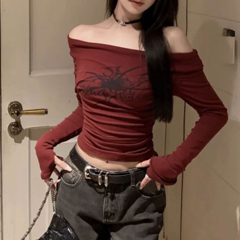 Vrouwen Y2K Gothic Grunge T-shirts Off Schouder 2023 Herfst Streetwear Fairycore Hip Hop Tops Punk Casual Tees Vrouwelijke Kleding