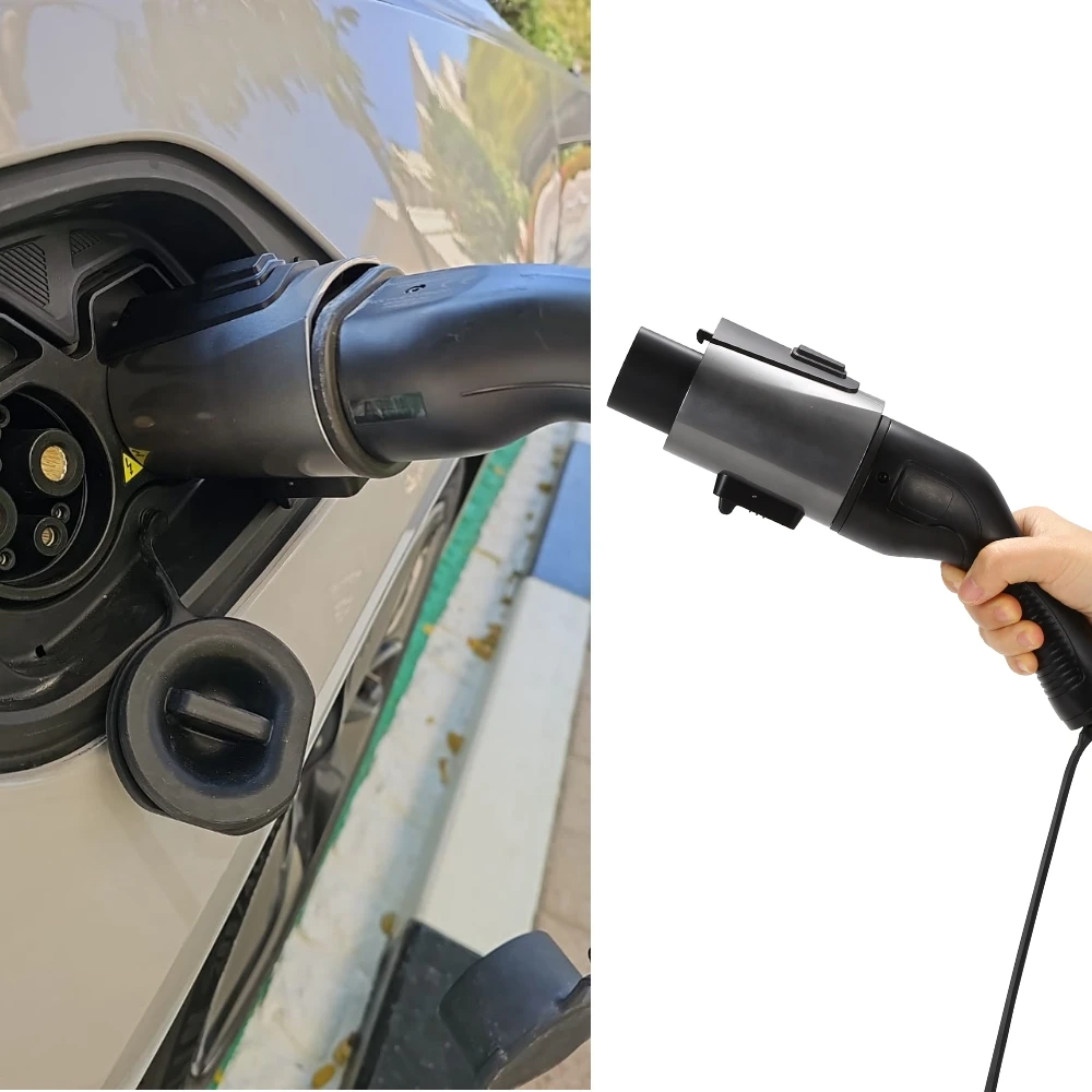 Evcharger4u iec62196 tipo 2 para gbt ev adaptador trifásico 32a 22kw com hock duplo para marca chinesa ev conversor adaptador de carregamento