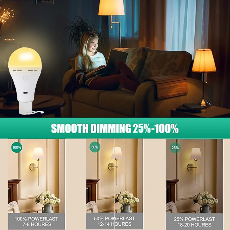 USB-C rechargeable Light Bulb with tri color temperature bulb Double Charging Modes Bulb E27 with Hook Outdoor touch dimming cam