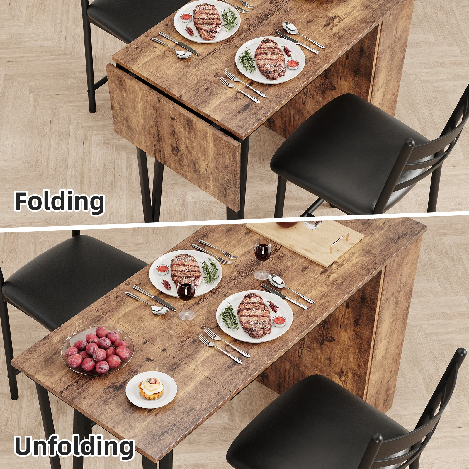 Mesa e cadeiras de bar de cozinha Conjunto de mesa de cozinha de 3 peças com 2 cadeiras estofadas com prateleiras de armazenamento para sala de jantar