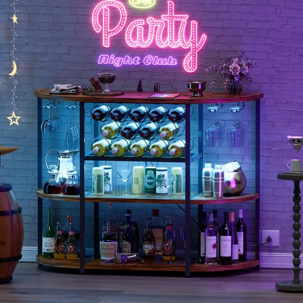 Wine Bar Cabinet for Liquor Bar Table Bar Cabinet with Lights and Outlet 4-Tier Storage Freestanding Wine Racks