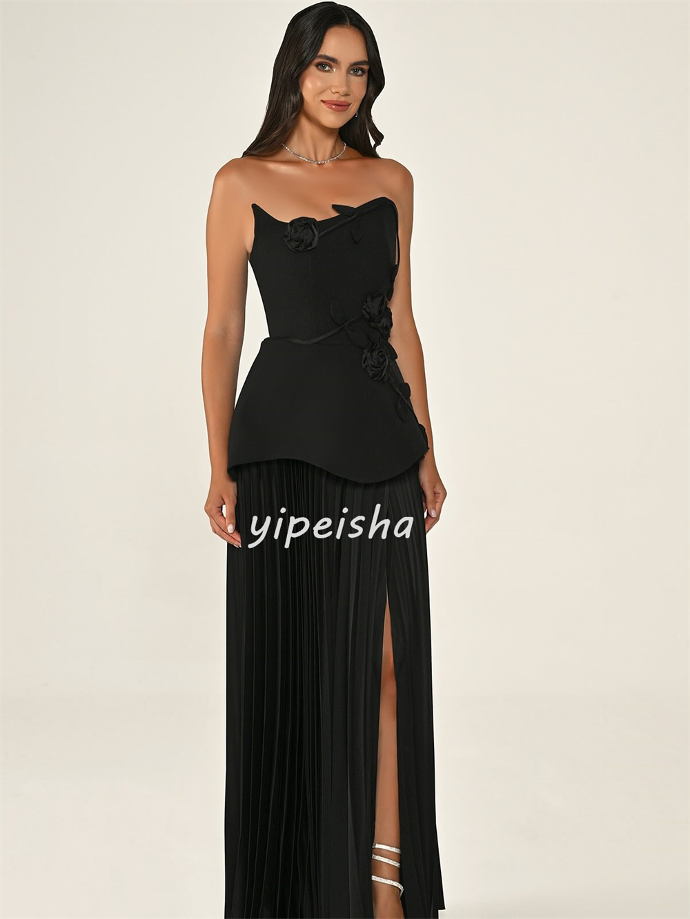 Maßgeschneiderte, moderne, elegante, handgefertigte, gerüschte, gerade, trägerlose, lange Kleider mit Blumenmuster, maßgeschneiderte Kleider für besondere Anlässe, Größen erhältlich