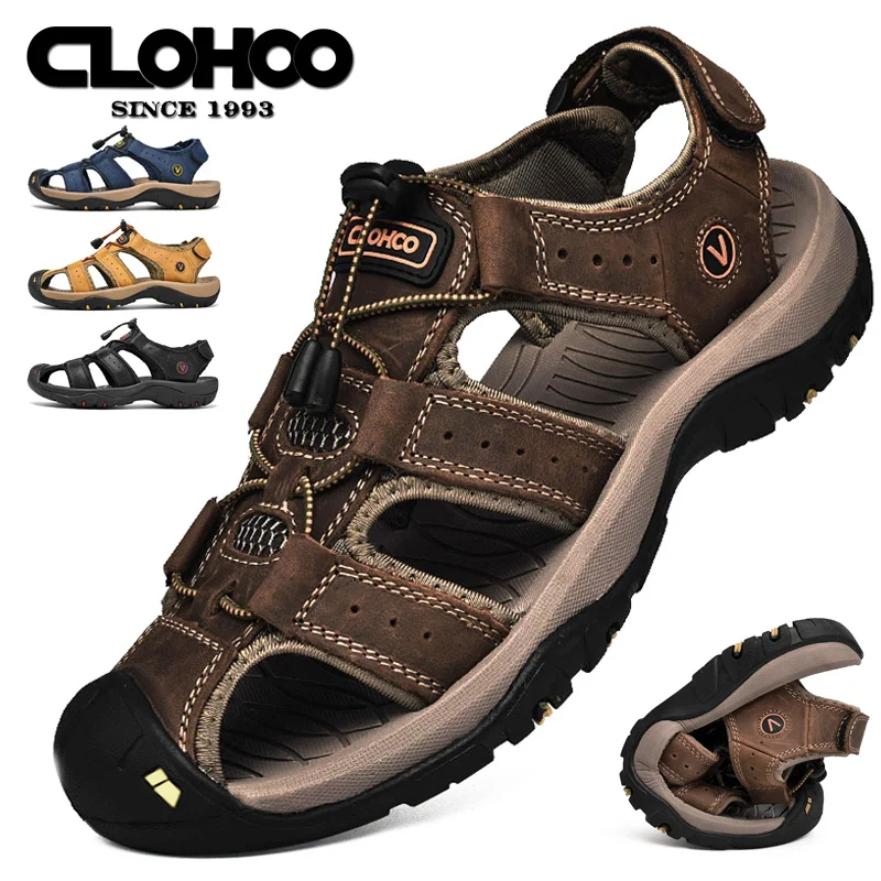 CLOHOO Sandali da uomo fatti a mano con fondo spesso in gomma traspirante casual slip-on scarpe da spiaggia in pelle versione aggiornata