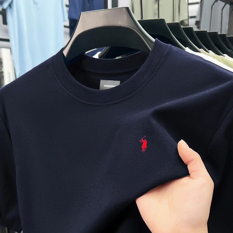 ที่มีคุณภาพสูงผ้าฝ้าย mercerized breathable แขนสั้นเสื้อยืดผู้ชายออกแบบฤดูร้อนใหม่พอลแบรนด์เย็บปักถักร้อยแฟชั่นเกาหลีลำลองรอบคอด้านบน