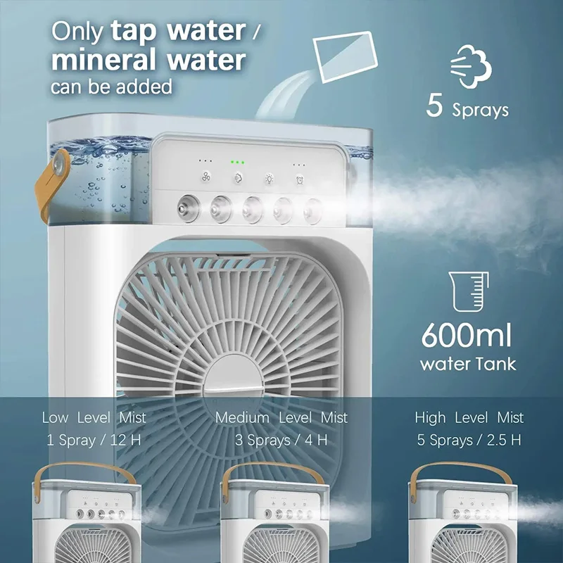 Ventilador portátil 3 en 1, aire acondicionado, Enfriador de aire pequeño para el hogar, luces LED nocturnas, humidificador, ajuste de aire, ventiladores para el hogar