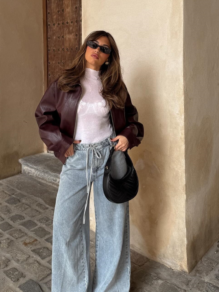 女性用単色PUレザージャケット,長袖,ジッパー付きショートコート,ストリートファッション,秋,2024