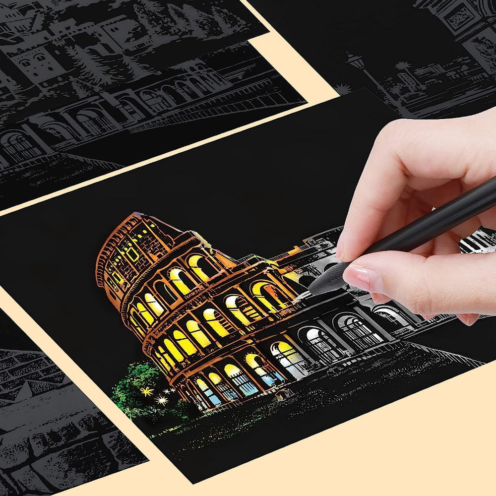 4Pcs 어린이 DIY 밤 장면 아트 스크래치 그림 장난감 도시 건물 풍경 어린이 교육 장난감 생일 선물 룸 장식