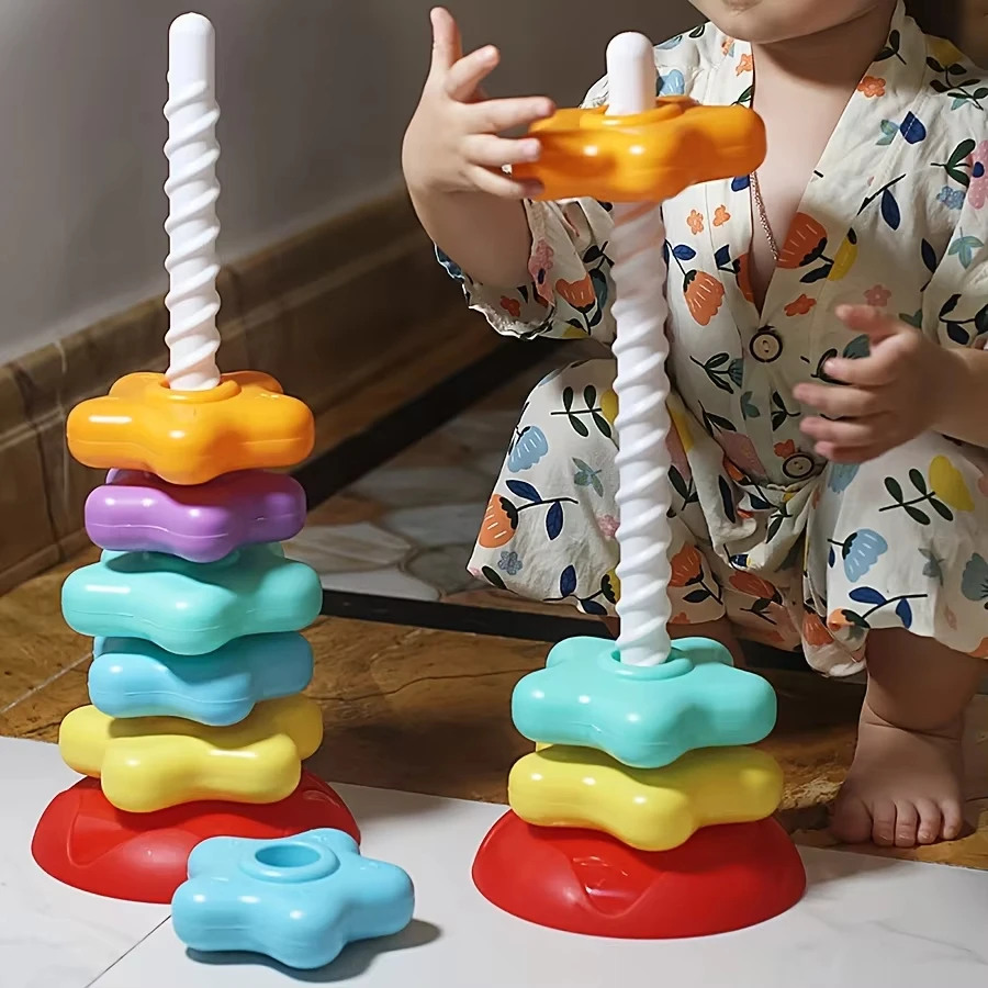 モンテッソーリ赤ちゃんのおもちゃレインボースピニングスタッキングおもちゃ幼児回転タワーゲーム赤ちゃん早期教育 1-3 年ベビーリングおもちゃ