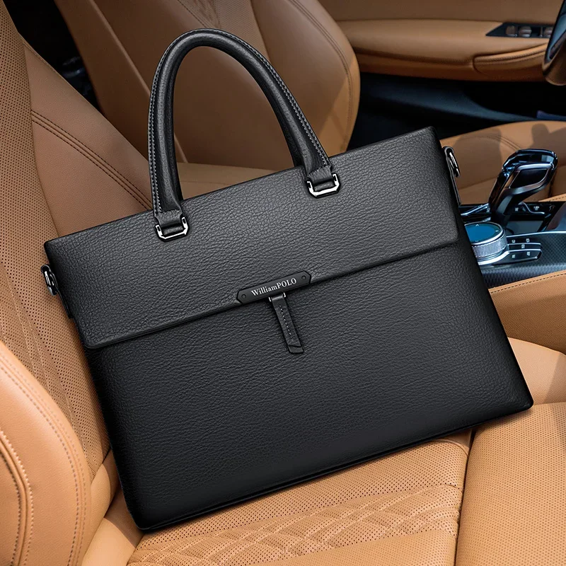 Teczka Męska Tote Top Layer ze skóry bydlęcej 14-calowa wodoodporna torba na komputer Torba na jedno ramię typu crossbody z tyłu, czarna