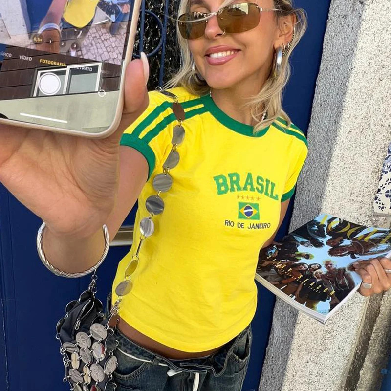 Camiseta y pantalones cortos con estampado de letras ARASIL estéticas para mujer, camisetas Vintage Grunge de manga corta para bebé, Top corto de verano, ropa Y2k