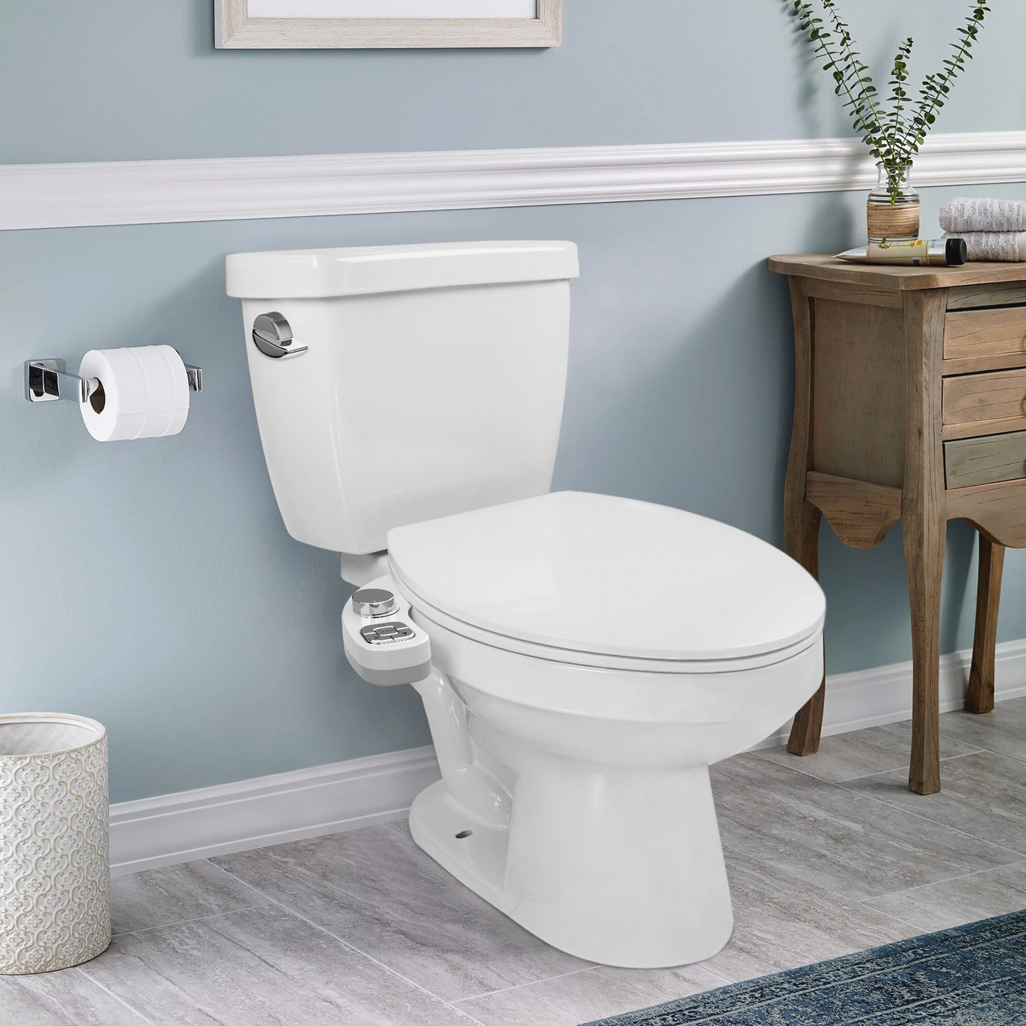 SAMODRA Knopf-Bidet – nicht elektrisch, selbstreinigende Doppeldüse (vorne und hintere Waschung), Süßwasser-Bidet, Toilettensitzaufsatz