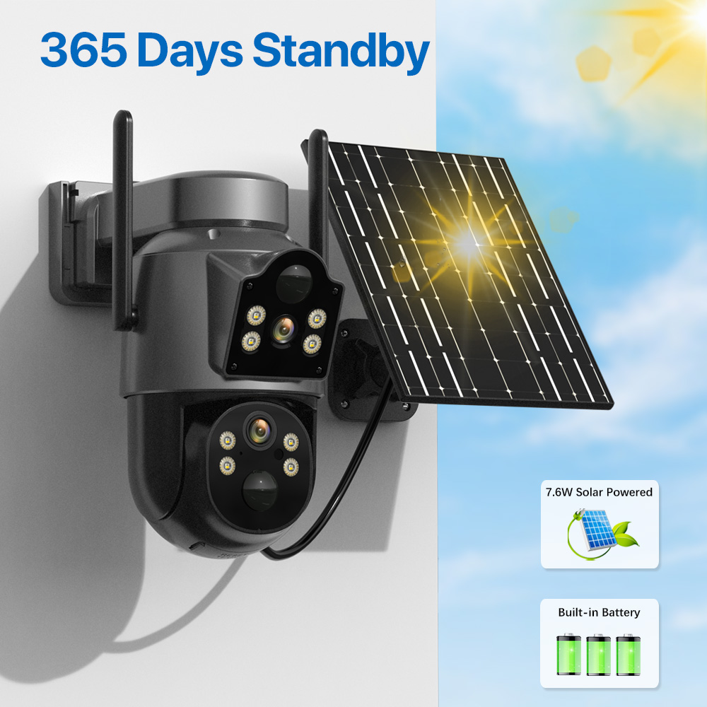 Telecamera PTZ esterna Batteria incorporata Telecamera WiFi da 4 MP Pannello solare Rilevamento corpo PIR da 7,6 W Telecamera di sicurezza impermeabile IP66 iCsee