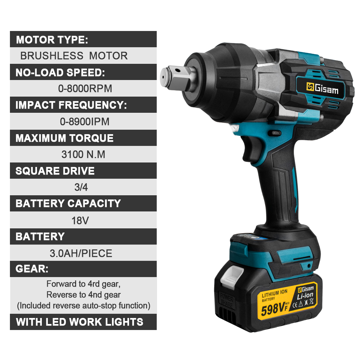 Gilé 3100N.M Бесщеточный электрический ударный гайковерт с высоким крутящим моментом 3/4 дюйма Аккумуляторный электрический ключ Инструменты для Makita 18 В Батарейный штифт