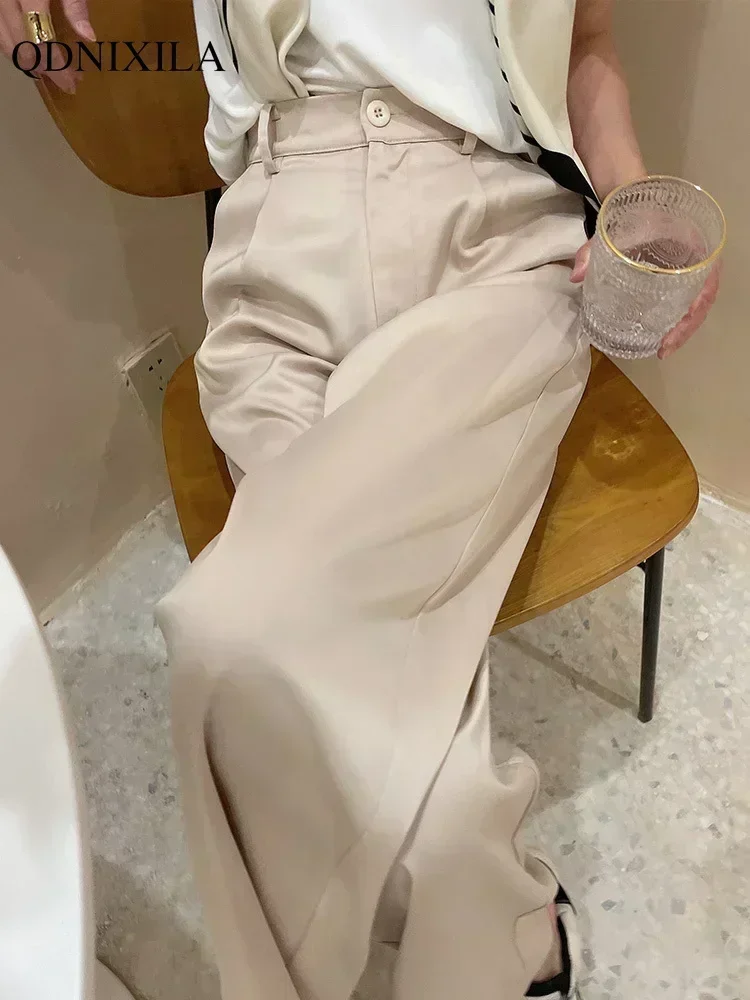2025 printemps été glace soie Satin femmes pantalon jambe large taille haute décontractée noir mode coréenne costume pantalon pour femmes pantalon