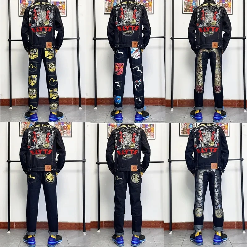 Harajuku Y2k Casual Hosen Evisus Jeans Gestickte Baggy Jeans Gerade Breite Bein Hosen für Männer High Street Hip Hop Streetwear