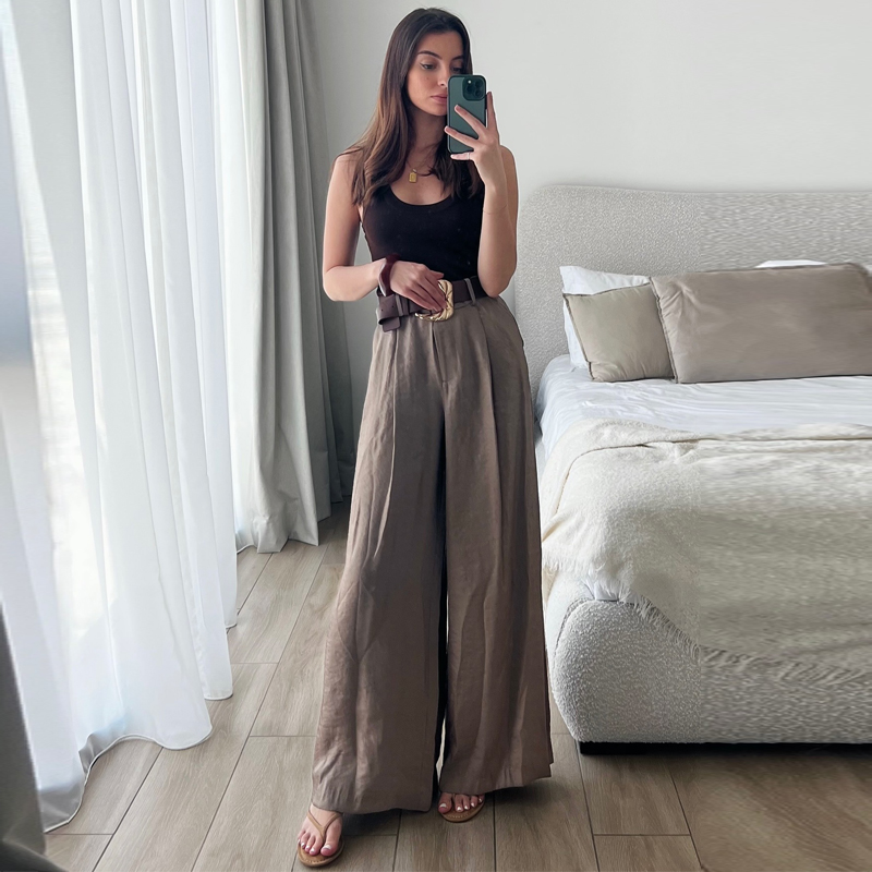 HXAO Women's Pants High Waist Wide Leg Pants with Belt Satin Long Trousers Pockets Casual Baggy Pants Summer Elegant Lady Pants