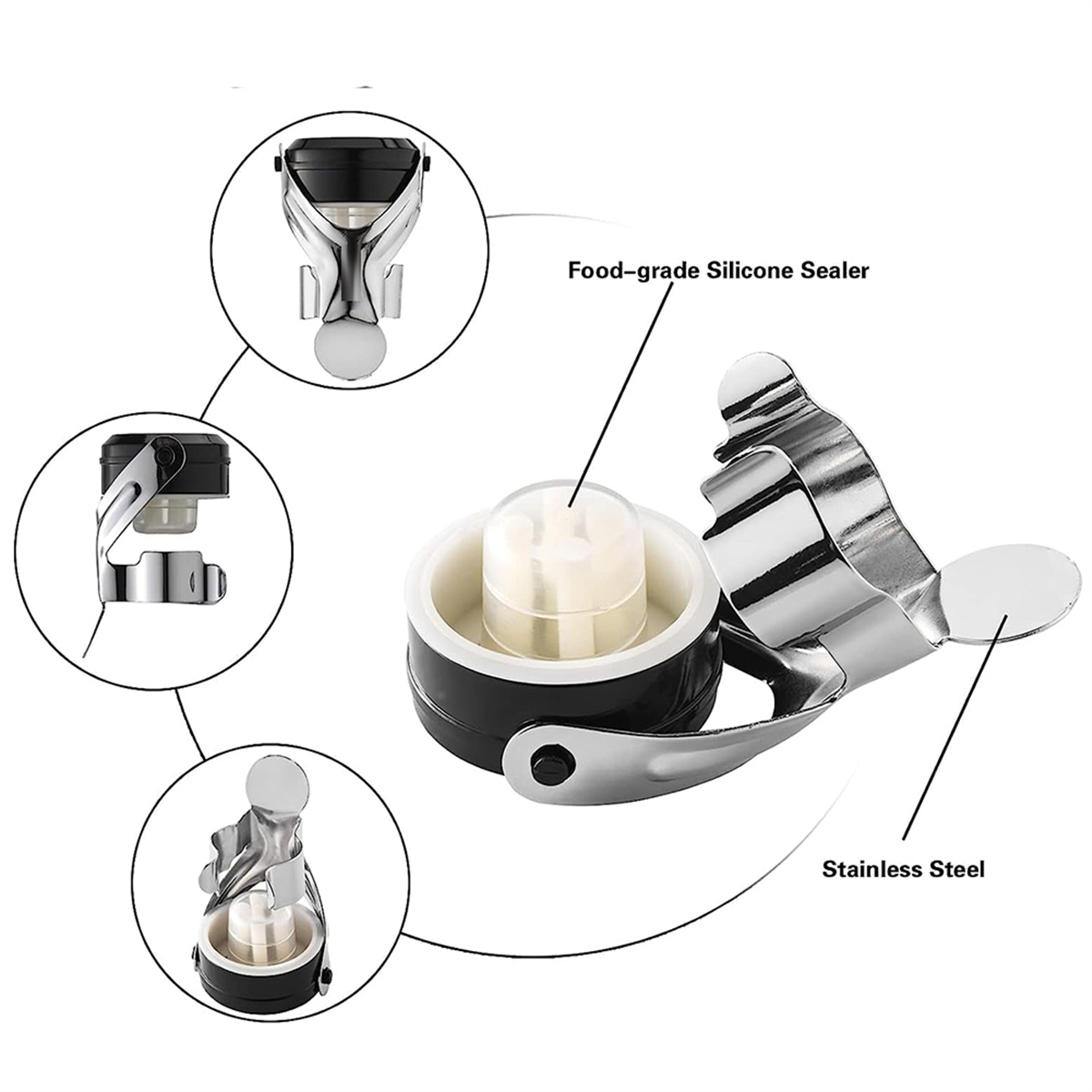 Champagner & Weinflaschen verschlüsse Edelstahl, auslaufs icher halten wieder verwendbar, Kork geeignet 4er Pack Silber