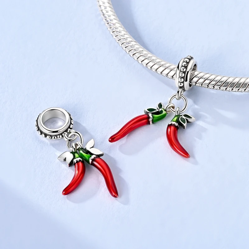 Original 925 prata esterlina vermelho charme contas vinho tinto pimenta haltere pingente para mulher caber diy pulseira aniversário jóias presente