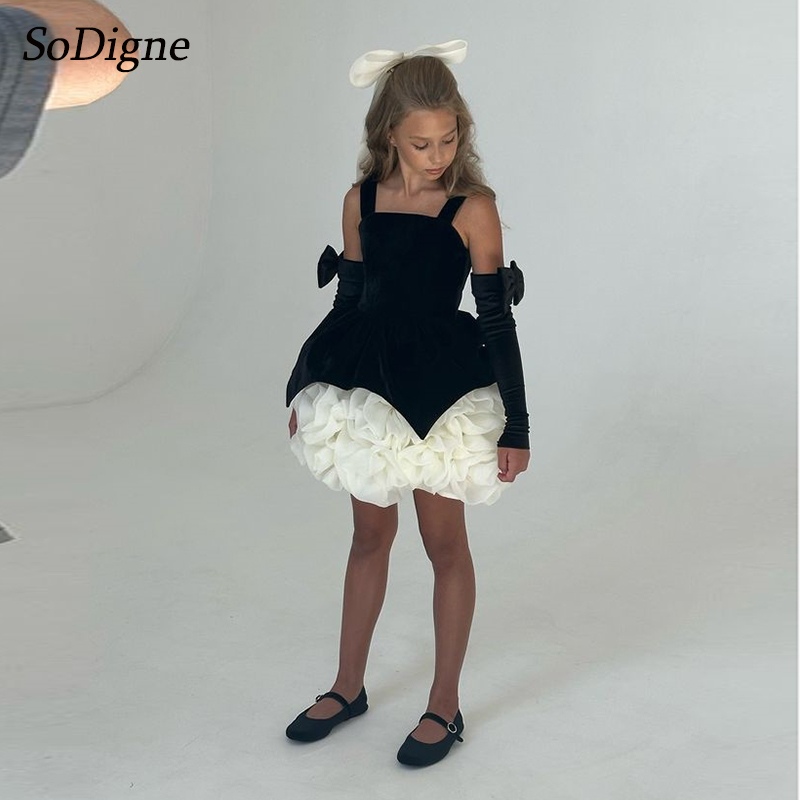 SoDigne-line Mini sukienka dla dziewczynki w kwiaty odpinane rękawy Ruffles aksamitna spódnica sukienki dla dziewczynek 2025 suknia dziecięca dostosowane