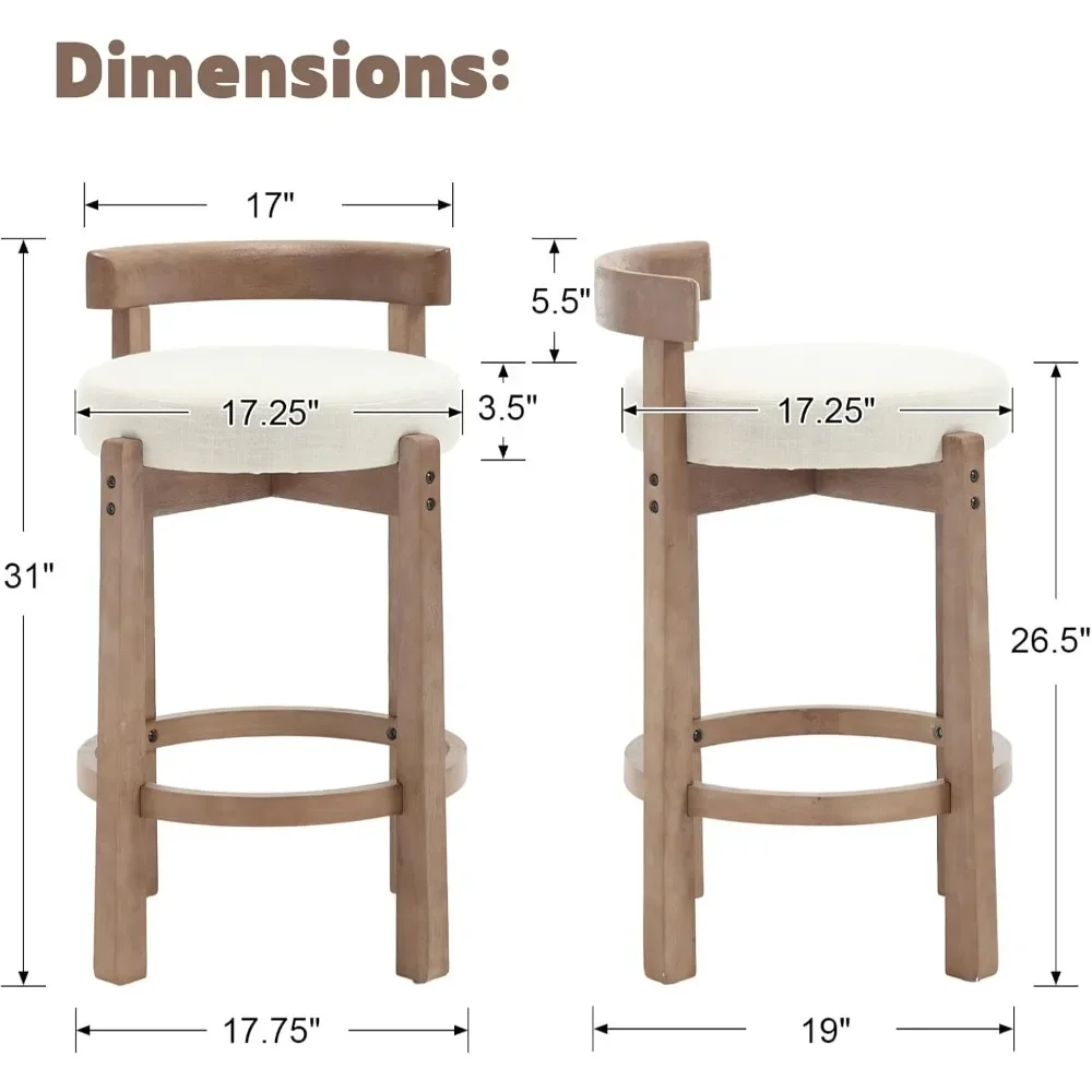 Mid Century Linen Counter Stools Set of 4, Upholstered 26.5” Seat Height Low Barstools with Natural Wood Legs Round Low