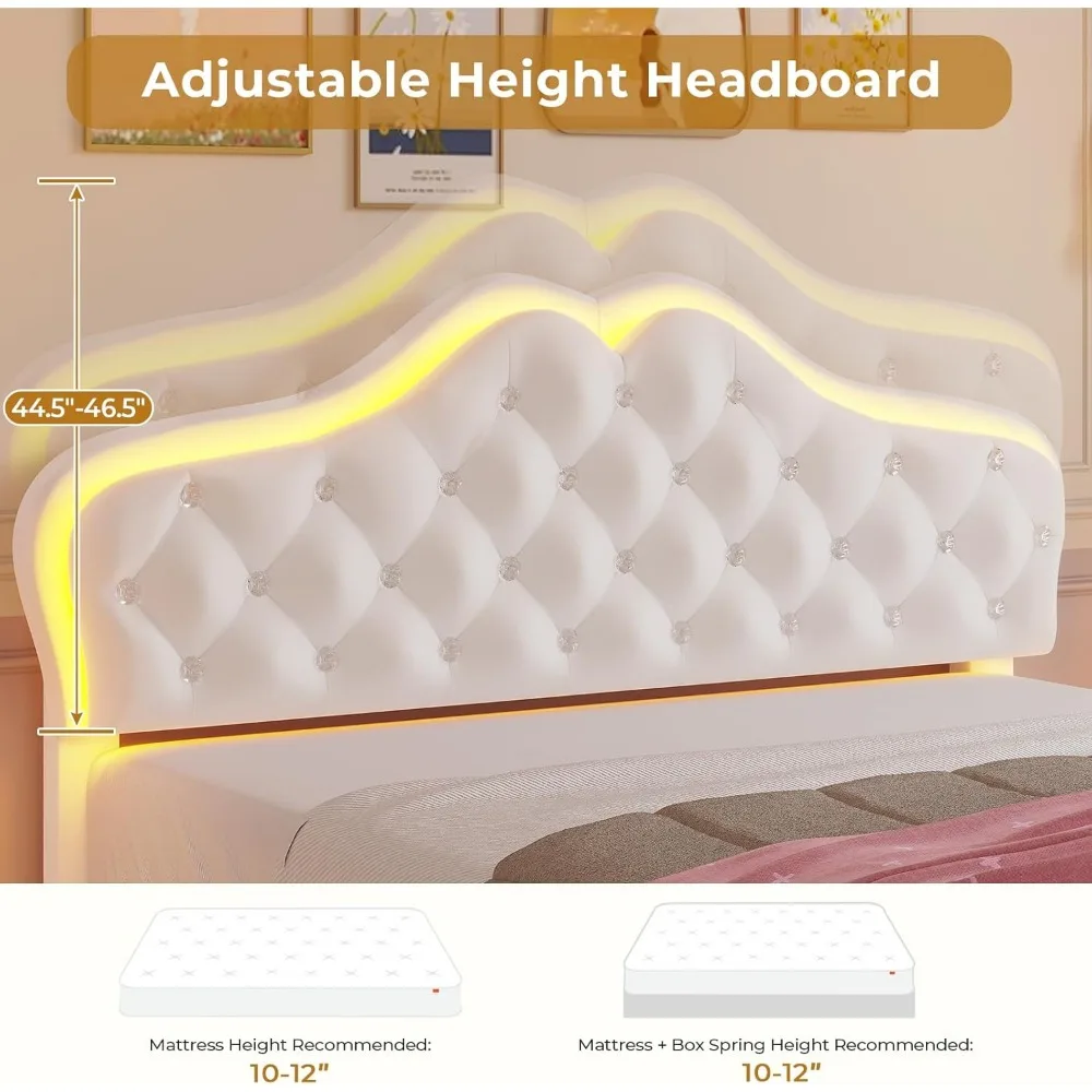 Full Bed Frame with RGB LED Lights, Princess Bed Frame with Adjustable Crystal Button Headboard, Velet Upholstered Platform Bed