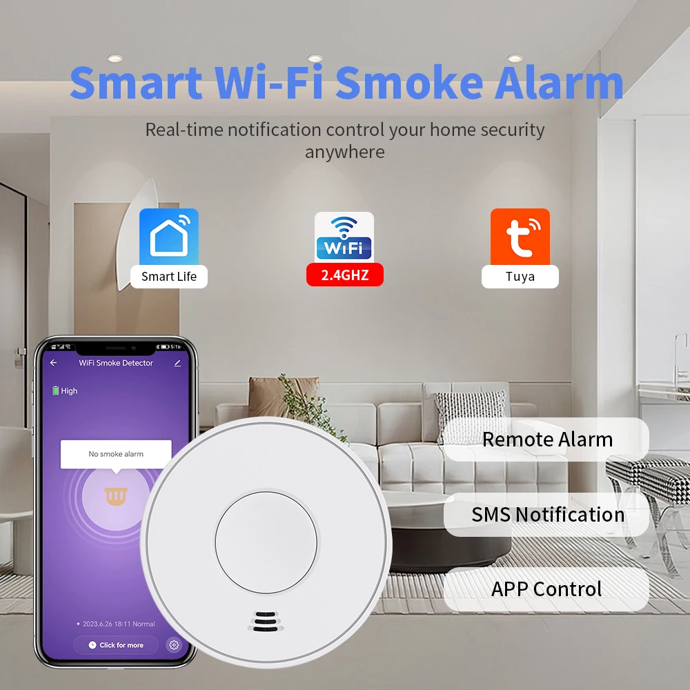 Tuya Smoke Detector with 10 Years Battery, WiFi Fire Alarm with Tuya App, Conforms to EN14604, VS01W