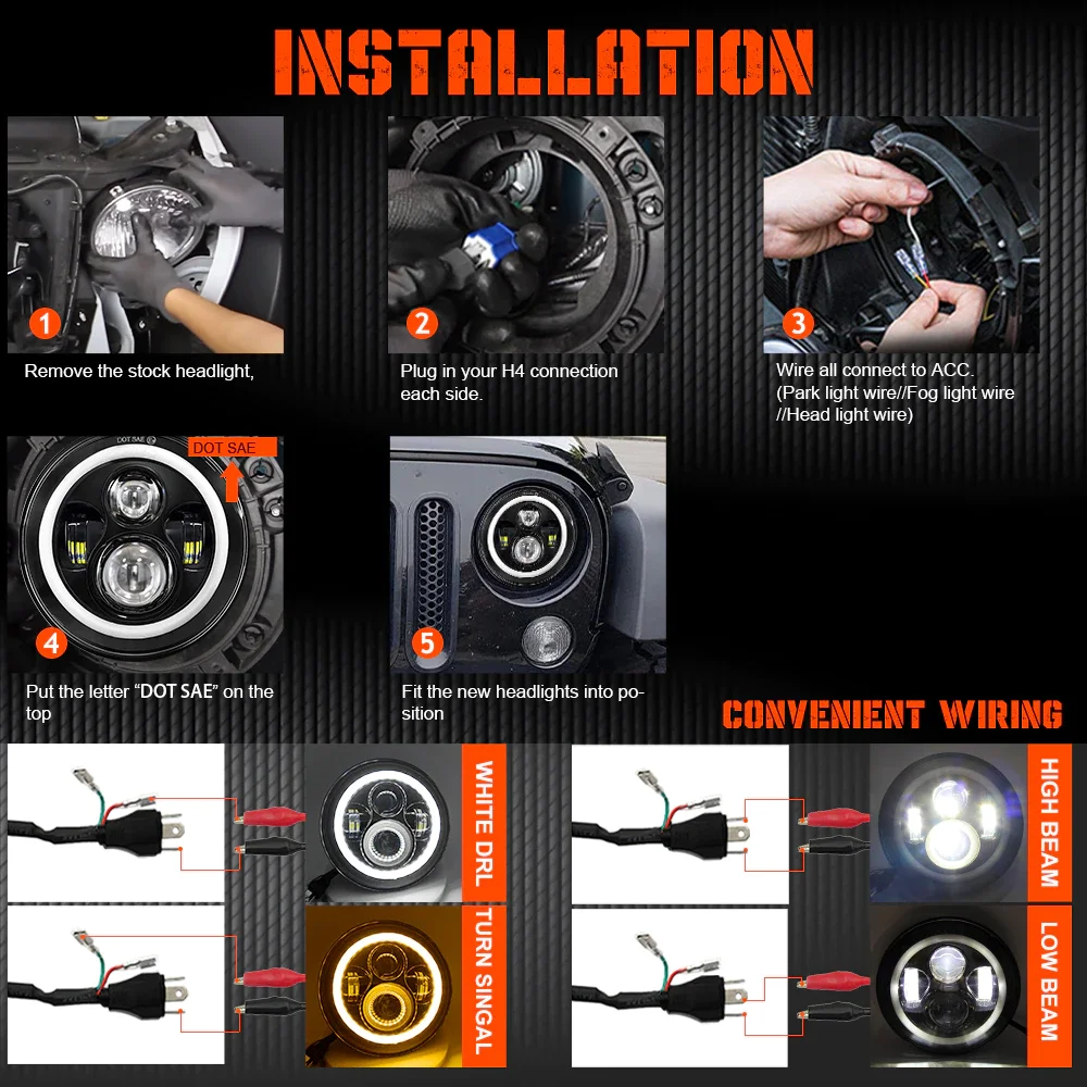 1 ชิ้น 7 นิ้ว Moto รถ Led ไฟหน้า H4 รอบไฟหน้า Amber Turn สัญญาณสําหรับ Jeep Wrangler JK TJ ไฟหน้า 7 "ไฟหน้า