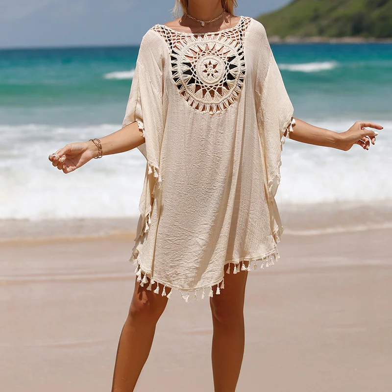 Biquíni de crochê feminino sexy maiô cobrir vestido de verão maiô beachwear camisa cover-ups para mulher