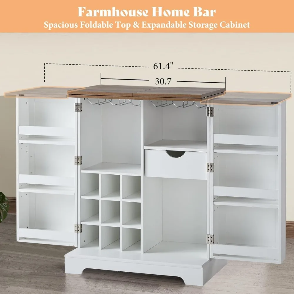 61" Farmhouse Bar Cabinet with 9 Wine Racks, Folding Storage Wine Liquor Cabinet, Expandable Coffee Bar Station with Drawer