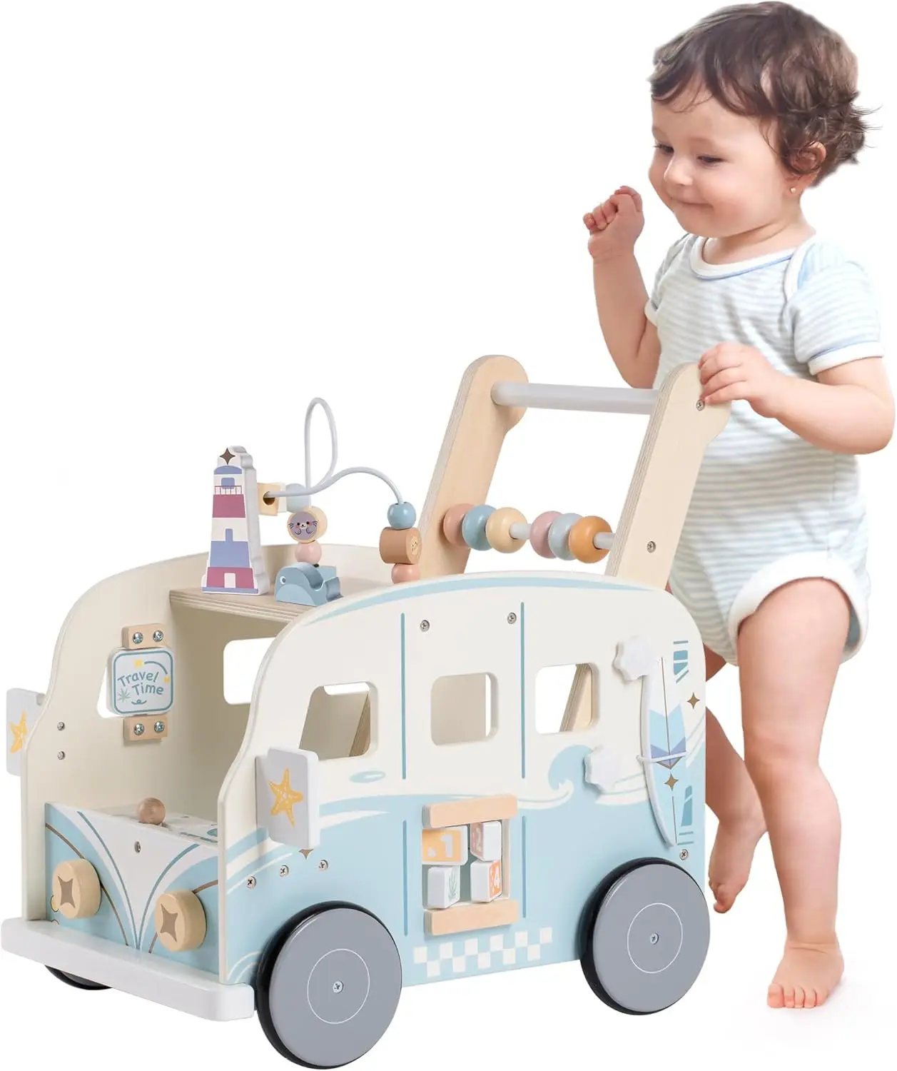 Robotime Robud Wooden Baby Walker Baby Push Along Activity Walkers with Wheels Multifunctional Baby Walker Gift for Boy Grils