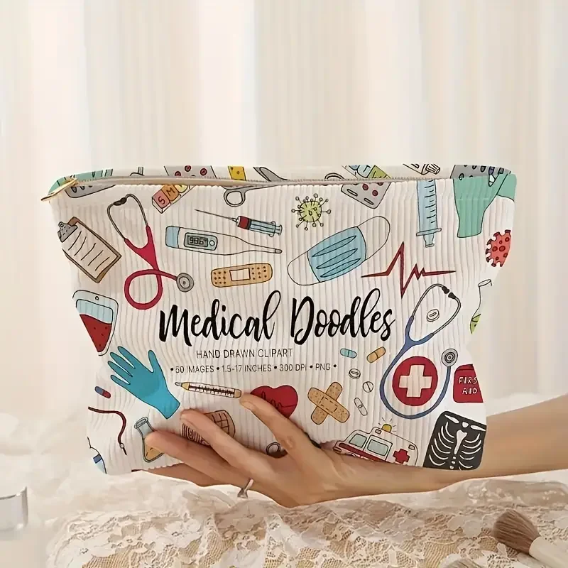 Medizinische Make-up-Tasche aus Cord mit Graffiti-Aufdruck, leichte Make-up-Aufbewahrungsbox mit Reißverschluss, multifunktionale Tasche mit Futter