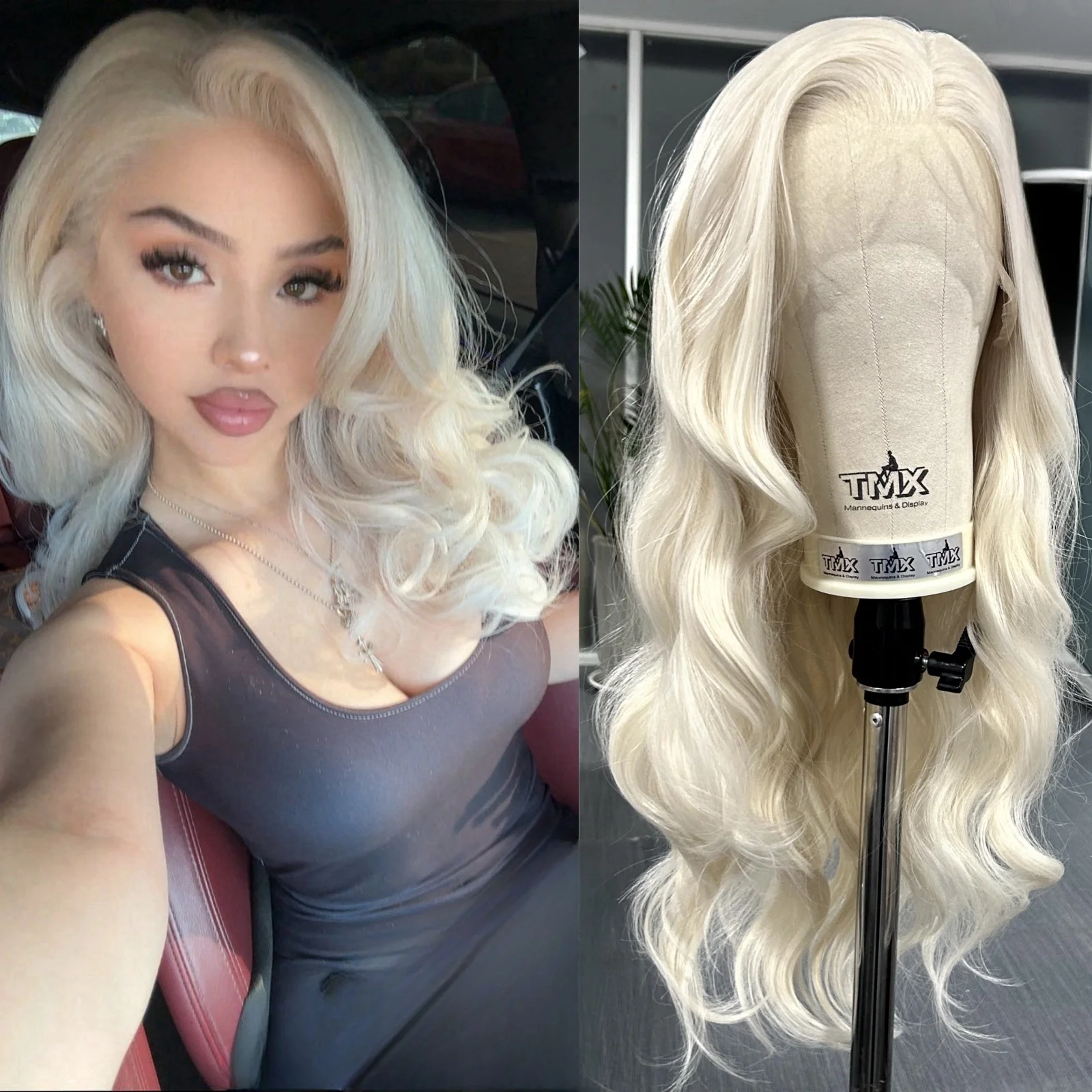 Platinblonde lange gewellte synthetische Perücke, freier Teil, lose Welle, natürliche lockige 13 x 4-Lace-Front-Perücken für Frauen, tägliche Party, Cosplay