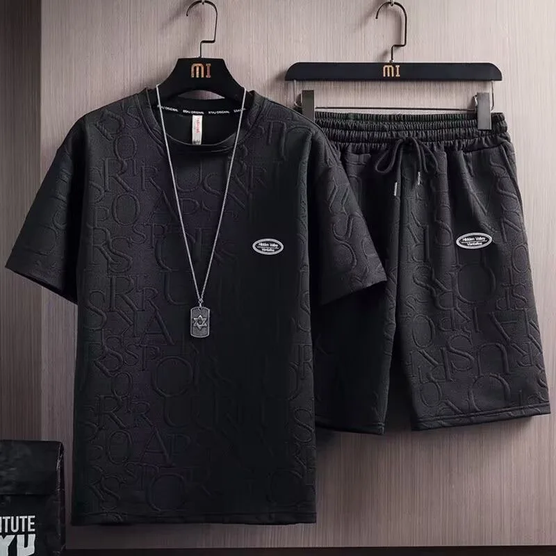 Herren-Sets 2024, neuer Waffel-Sommer-Freizeit-T-Shirt + Shorts, Anzug, Basketball-Trainingsanzug, Briefdruck, einfarbiger Trainingsanzug, lockerer Anzug
