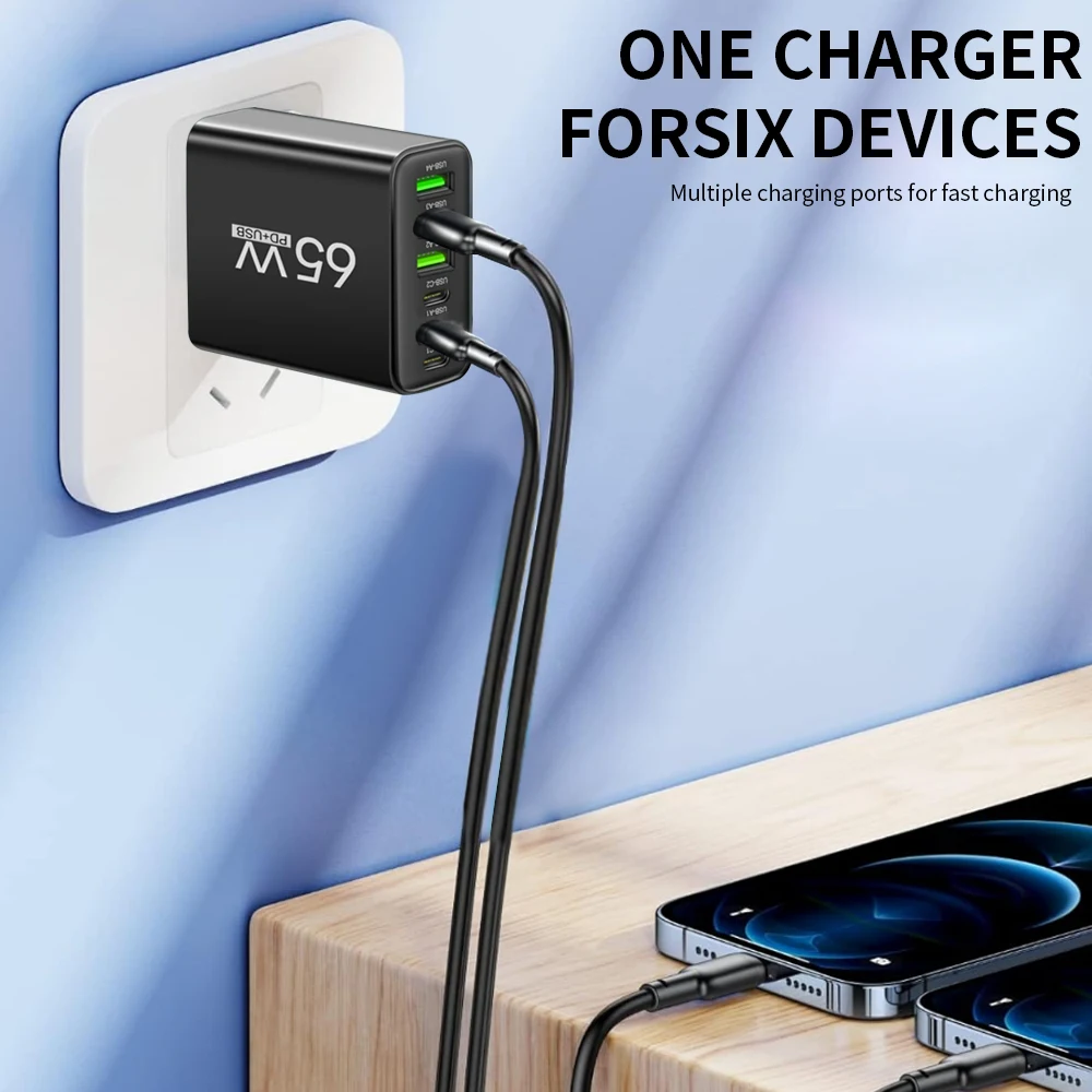 Cargador USB multipuerto de 65W, adaptador de cargador de teléfono tipo C de carga rápida para iPhone, Samsung, Xiaomi, Huawei, cargador de pared con enchufe UE/EE. UU.
