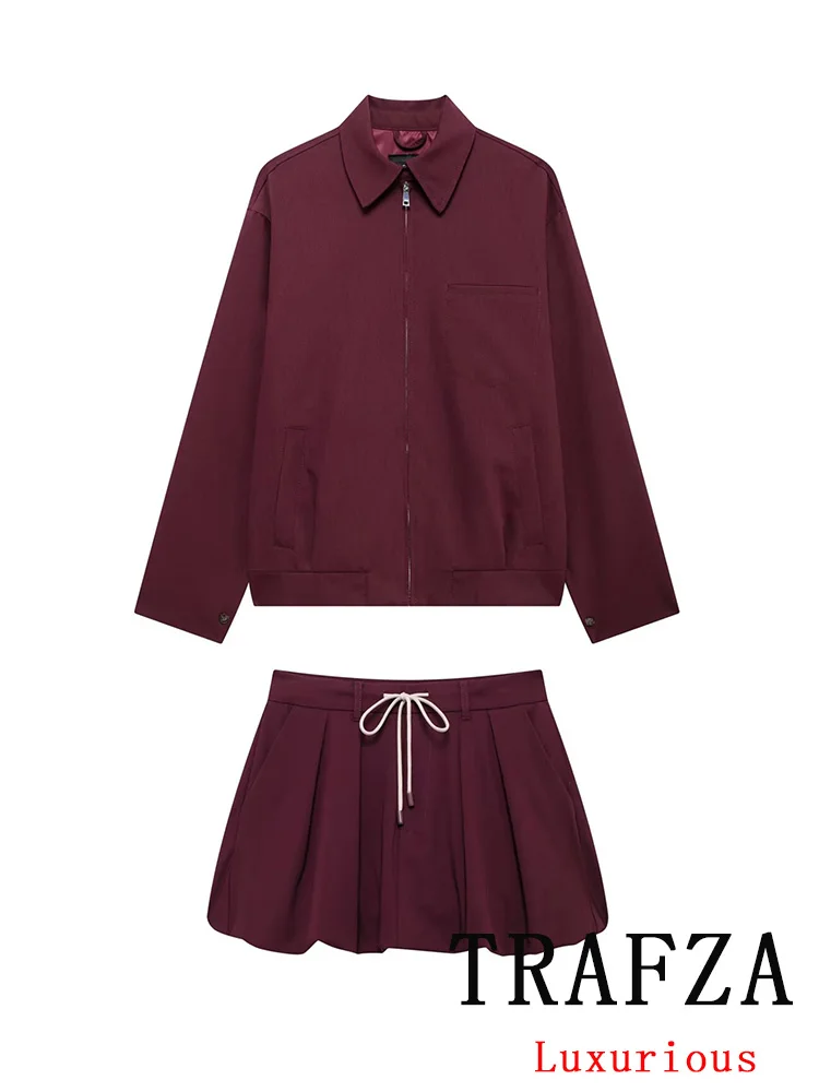 Trafza vintage casual chique borgonha vermelho feminino terno turn-down colarinho com zíper jaqueta cordão mini saia moda 2024 primavera terno