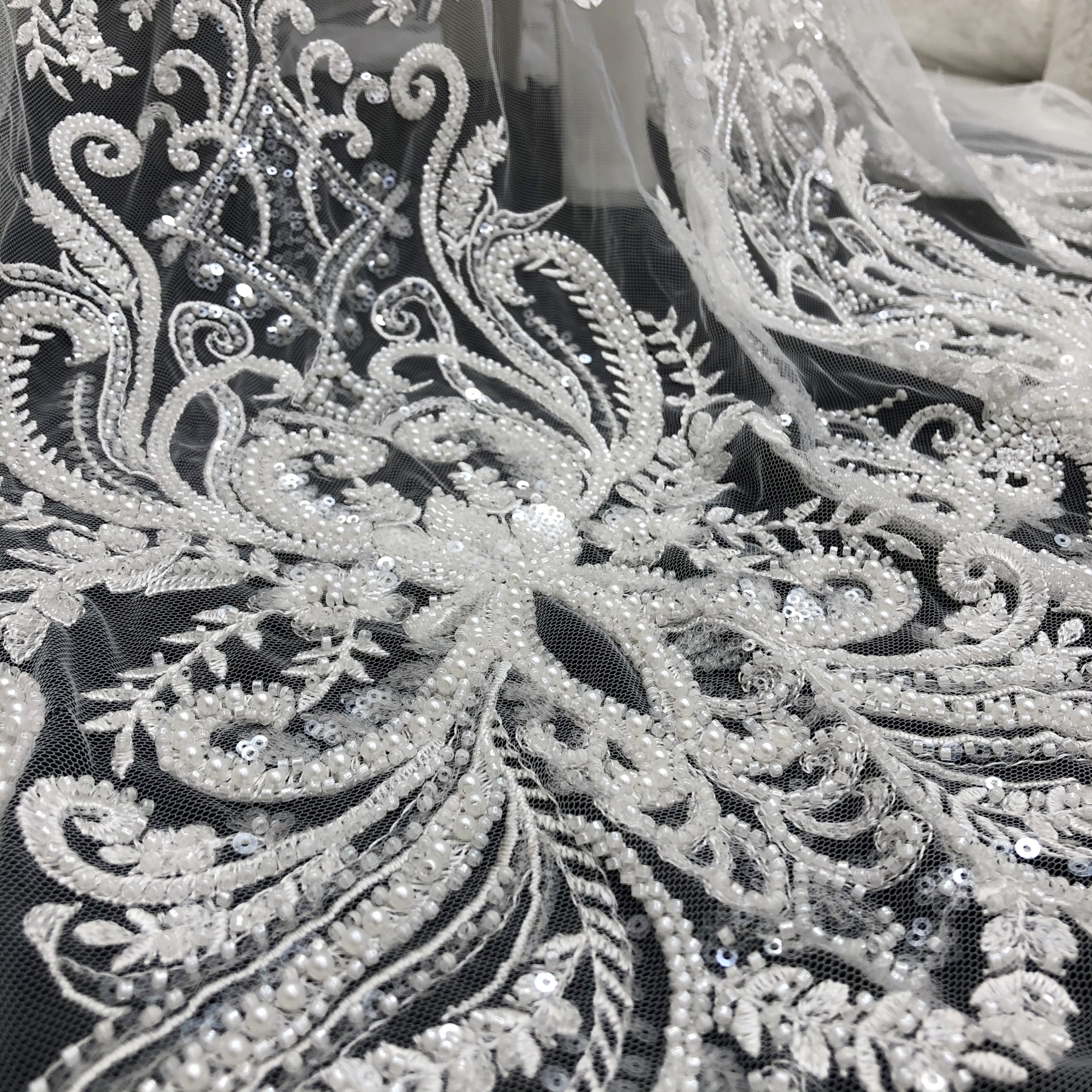 Luxury High-Quality Sequin Beads Embroidered Lace Fabric Suitable For Private Custom Wedding Dresses