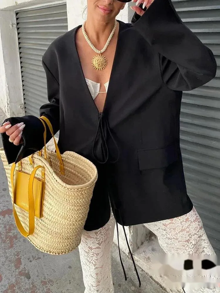 Casual Übergroßen Schwarzen Blazer Frauen V-ausschnitt Fliege Taschen Lose Jacken Mode 2025, Streetwear Frauen Outwears MS7Q