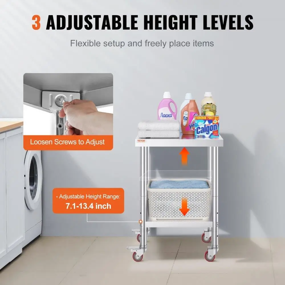 Stainless Steel Work Table with Adjustable Shelf and Rolling Wheels Heavy Duty Commercial for kitchen Prep Table