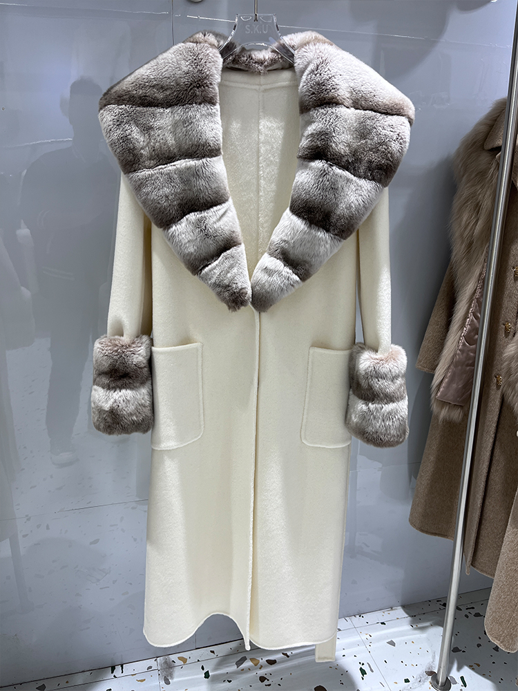 Winter Real Fur Jacket Women Long Cashmere Wool Woolen Coat Ladies Natural Rex Rabbit Fur Collar  Luxury Thick Female Outerwear