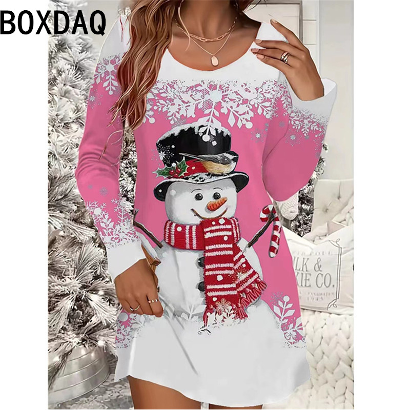 Ladies' Christmas Party Dress New 3D Red Christmas Snowman Printed Dress Long Sleeve O-Neck Casual Loose Mini Dress Vestidos