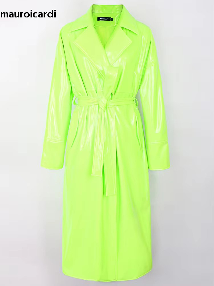 Mauroicardi Frühlingsmantel, lang, weich, dünn, fließend, glänzend, reflektierend, PVC, für Damen, Schärpen, Y2K, Streetwear, Landebahn, europäische Mode