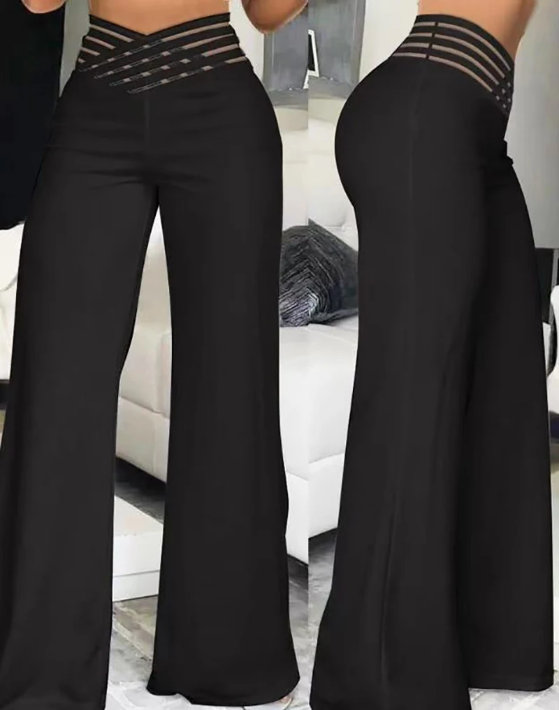 Pantalones acampanados para mujer, pantalones elegantes informales de oficina para mujer, pantalones de cintura alta para primavera y verano, pantalón de pierna ancha con parche de malla transparente entrecruzado liso