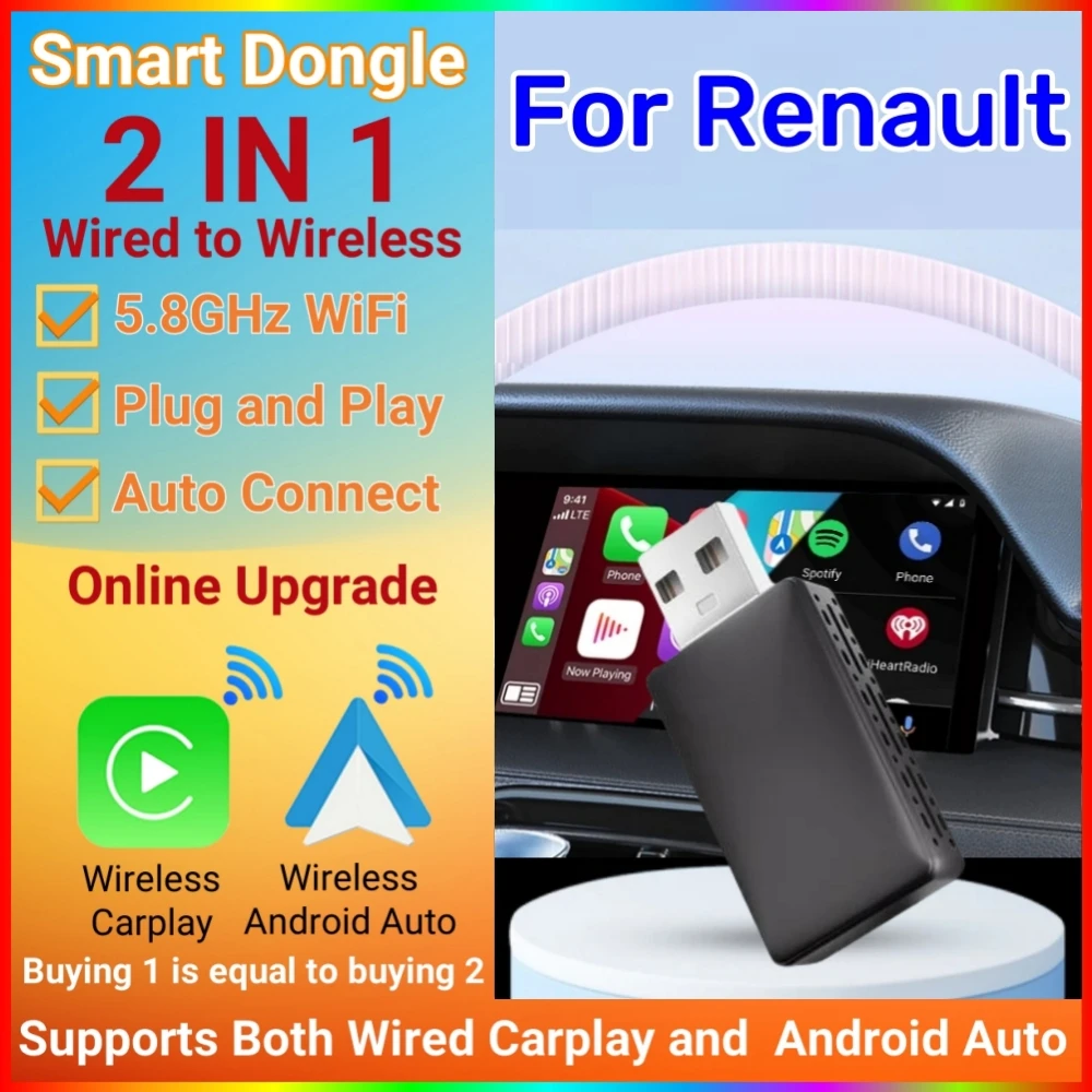 Novo 2 em 1 sem fio android adaptador automático carplay plug and play sem fio para renault arkana captur clio megane haval zee e-tech