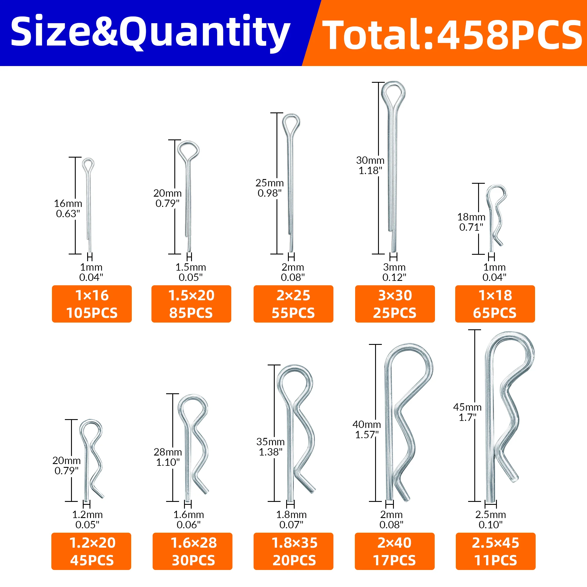 458pcs Cotter pin and R-pin assortment kits available in 10 sizes Locking Pin Split Pin Tractor Clip Mechanical Hitch Pin Carbon