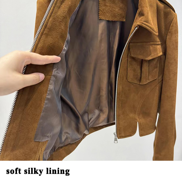 2023 frühling Trend Frauen Kleidung Retro Wildleder Leder Crop Jacke Flip Kragen Tasche Epaulet Slim Fit Kurzen Mantel Chaqueta Mujer