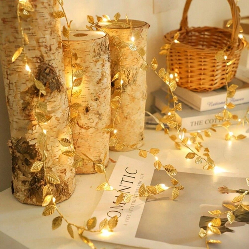 20/50/100LEDs Golden Silver Tiny Leaves Fairy Light Battery Powerd Artificial Plant Garland Vine Lights for Wedding Home Party