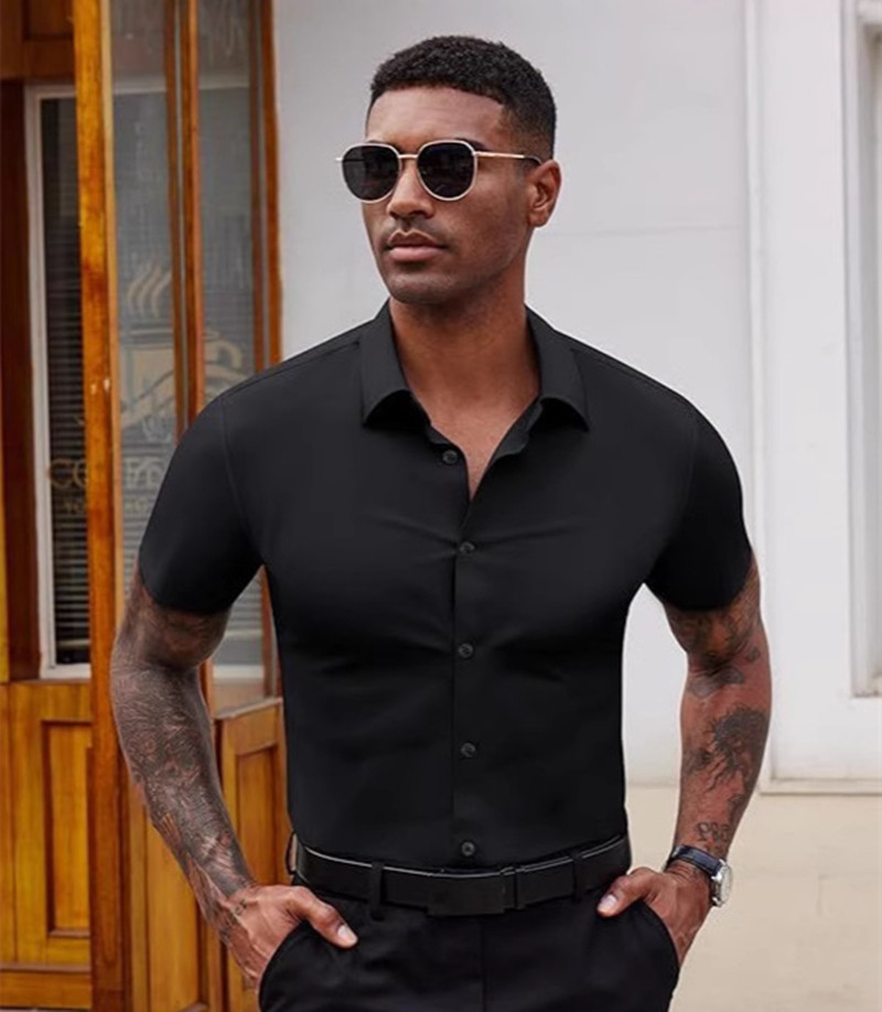 High Quality Summer Business Shirts For Men Short Sleeve Button Wrinkle Free Elasticity Social Black Office Dress Shirts US Size