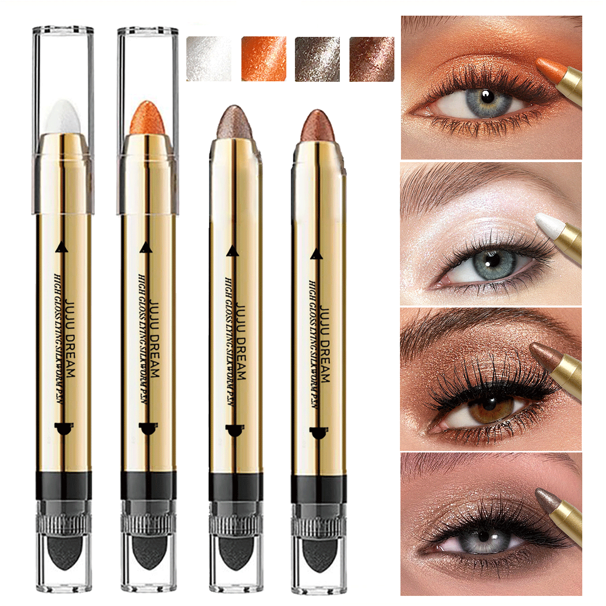 Glowing highlighter eye shadow pencil with pearlescent shimmer and fine glitter for brightening and a dimensional effect