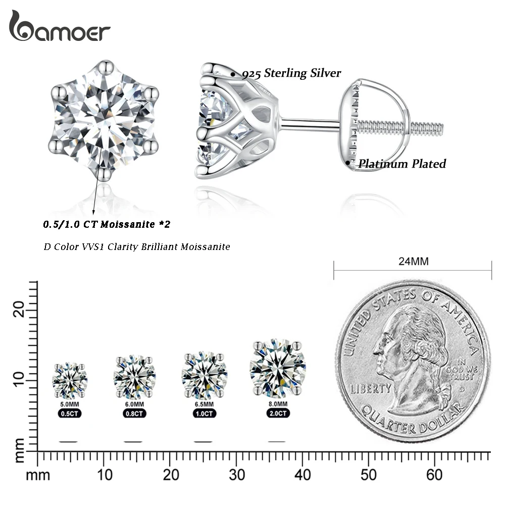 BAMOER Pendientes clásicos de moissanita, plata S925, color D, brillante, corte redondo, pendientes de compromiso de boda con diamantes creados en laboratorio