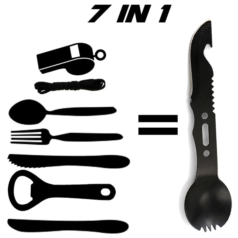 Vajilla para acampar, cuchillo de acero inoxidable para exteriores, tenedor, cuchara, cubiertos de Picnic multifunción portátiles, equipo para acampar al aire libre